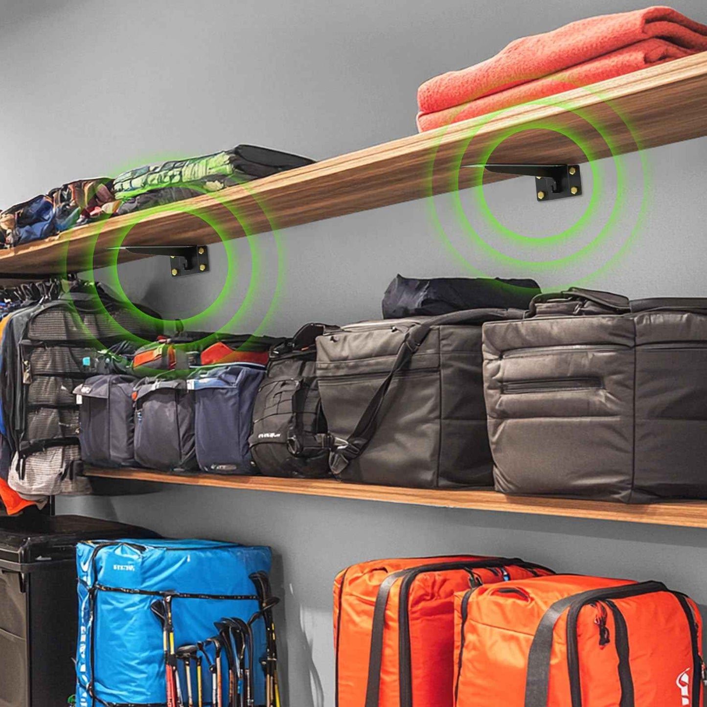 Matutinus Heavy Duty Shelf Brackets 16 Inch, 1500 lbs Capacity, Hooks for Wall Mounted Shelves, L-Shaped Floating Shelf Brackets with Hanging (Black 2 Pack)