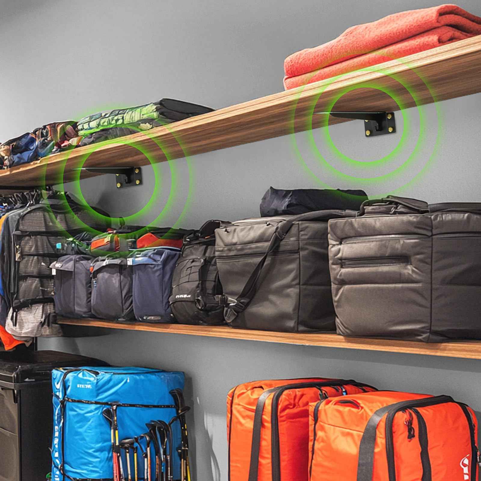 Matutinus Heavy Duty Shelf Brackets 16 Inch, 1500 lbs Capacity, Hooks for Wall Mounted Shelves, L-Shaped Floating Shelf Brackets with Hanging (Black 2 Pack)