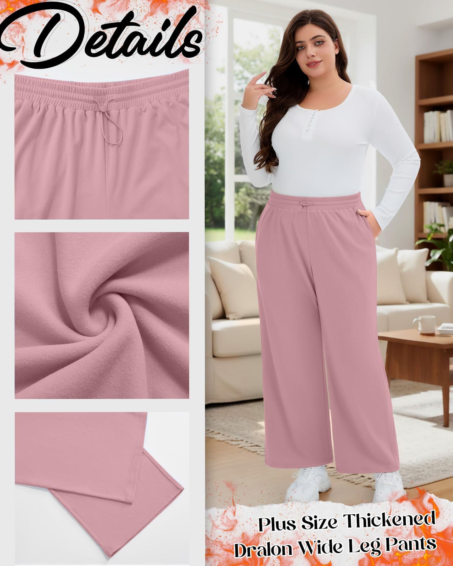 JoyMotion 3 Pack Women's Plus Size Fleece Lined Sweatpants Wide Leg Joggers Shock Cord High Waisted Thermal Pants with Pocket(Black, Dark Gray, Light Pink,3X-Large)