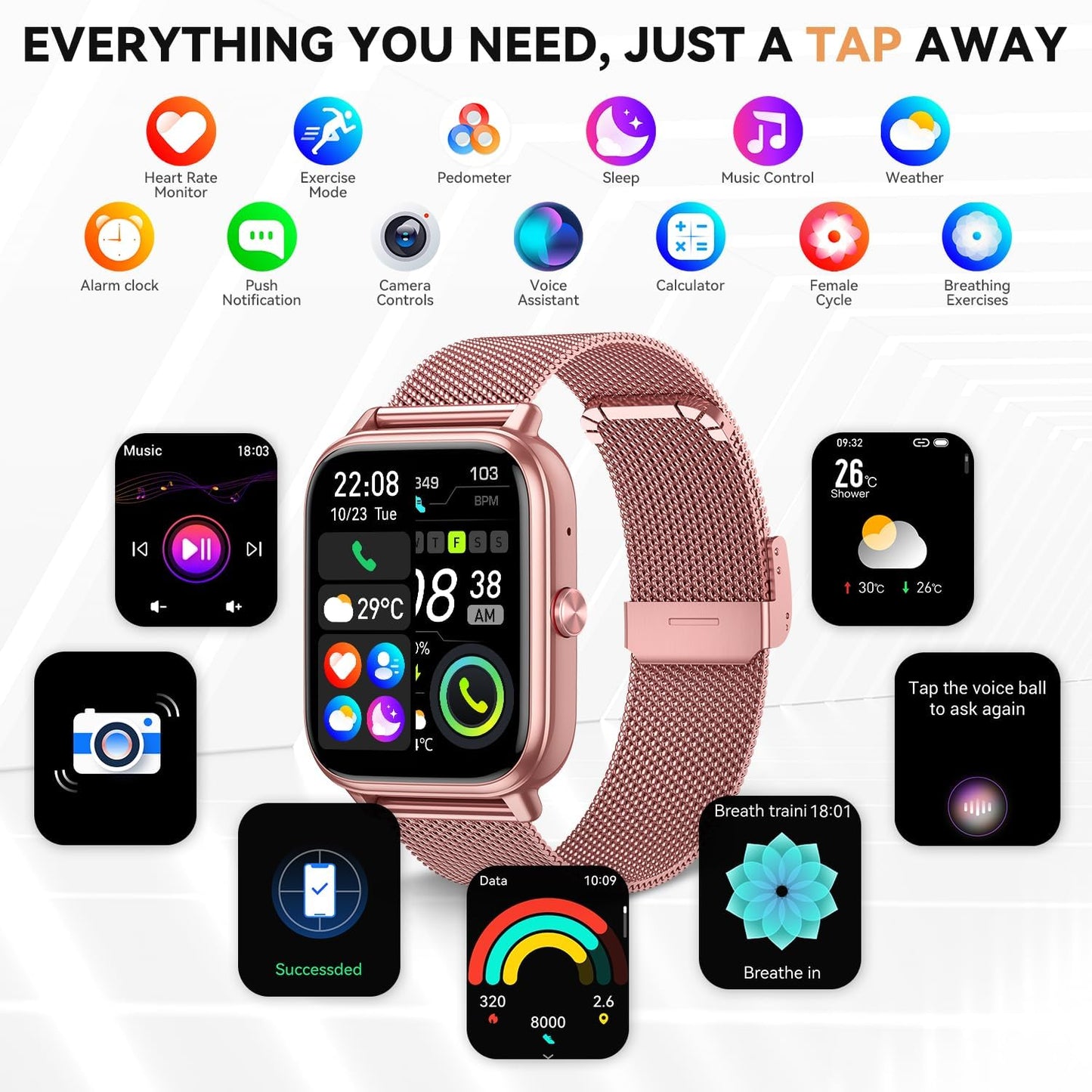 Skiennix Smart Watch | Fitness Tracker with 1000mAh Battery & Sleep Monitor - Pink, 3 Straps, 110+ Sports Modes