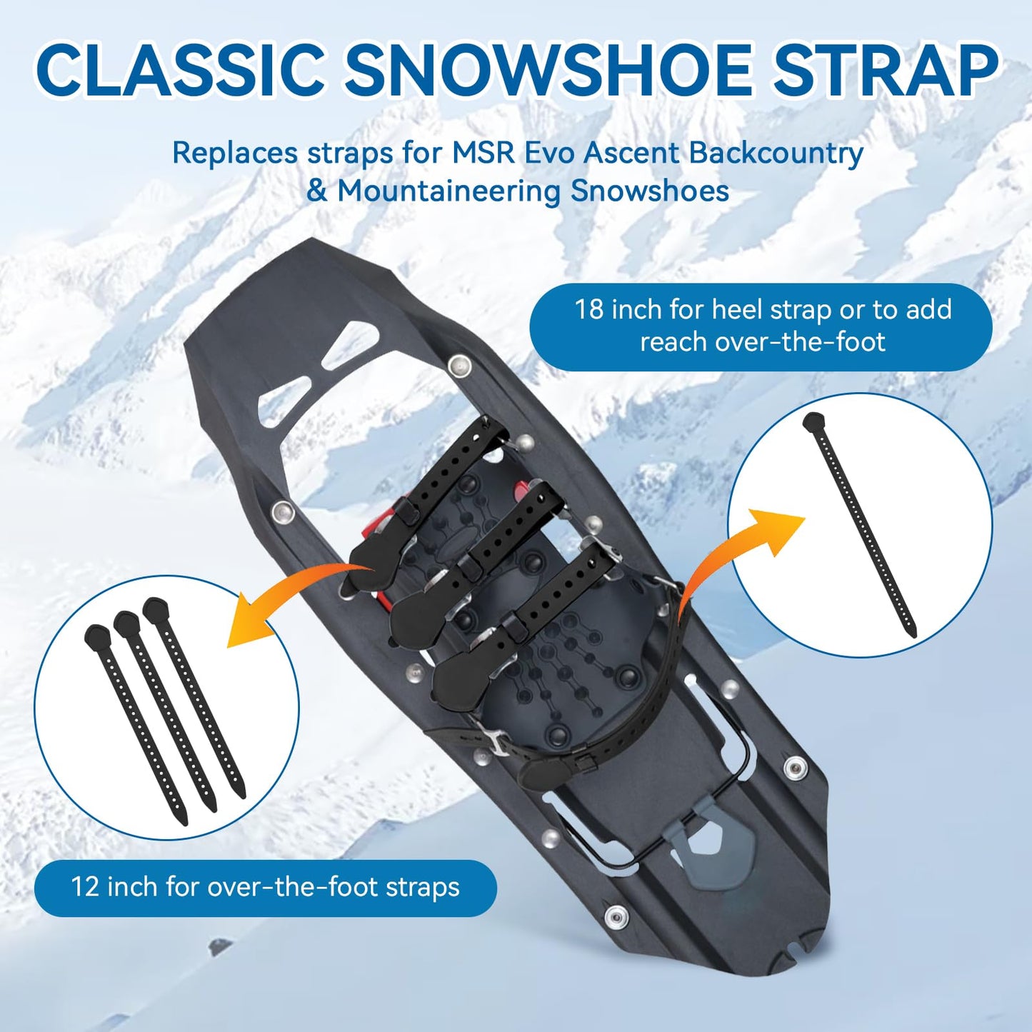 Snowshoe Straps for MSR Snowshoe Bindings Replacement Straps, Includes 3x12 and 1x18 Straps, Compatible with MSR Denali Evo Ascent Snowshoes & PosiLock Bindings, Black