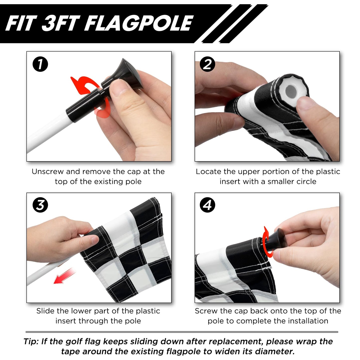 KINGTOP Checkered Golf Flag 8x6 Inch – Black/White Check, 420D Nylon, Tube Inserted – Mini Practice Putting Green Flags for Yard, 3-Pack