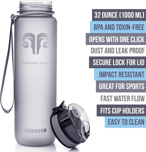 Embrava Sports Water Bottle 32oz | Fast Flow Flip Top Lid - BPA & BPS Free - Lightweight Tritan Plastic