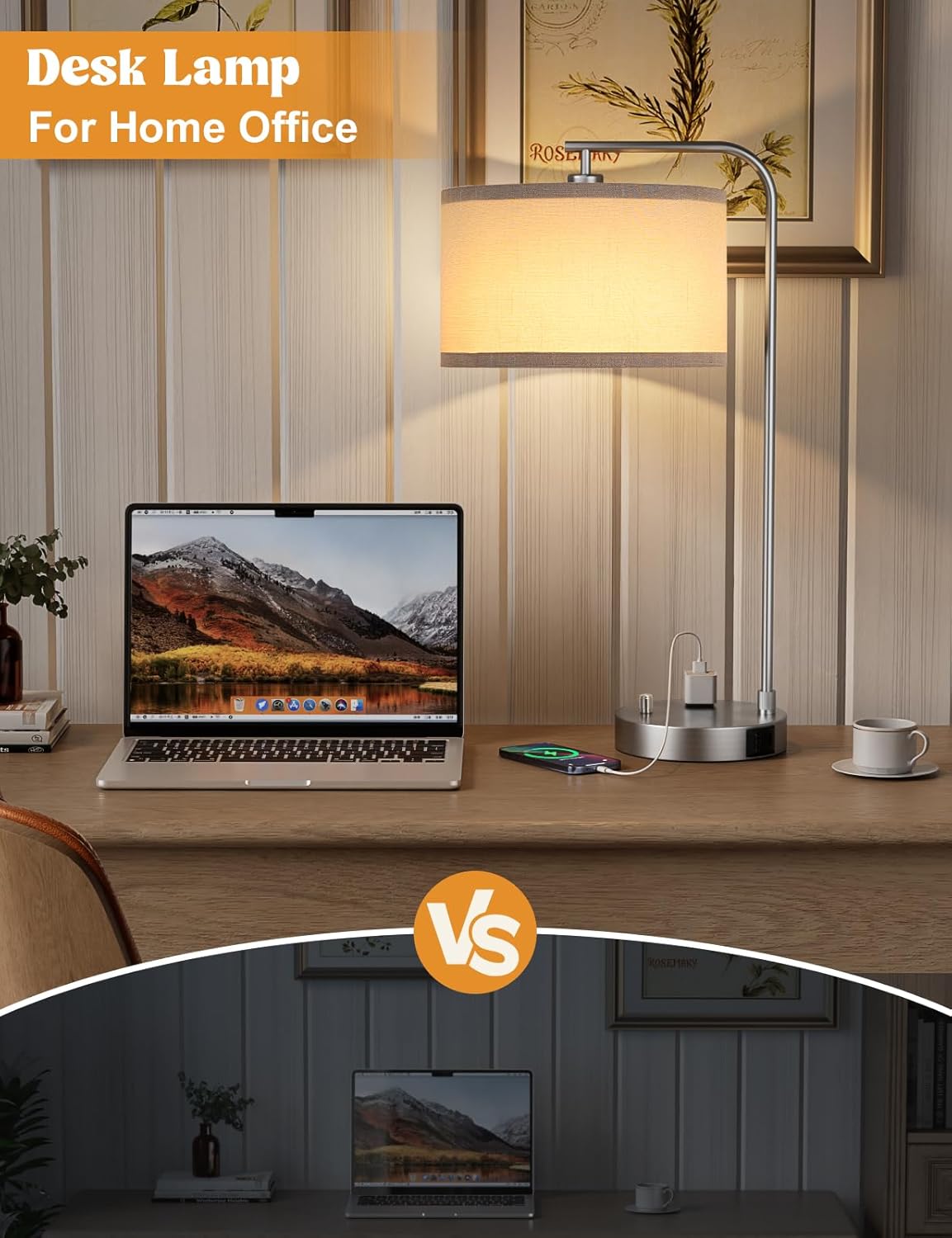 Dimmable Tall Table Lamp with USB Port & Outlet - Linen Shade Bedside Desk Lamp for Bedroom, Living Room, Home Office
