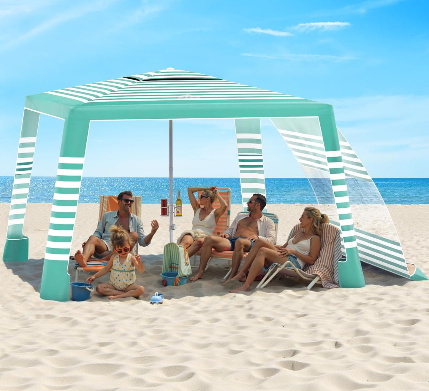 Rhino Valley Beach Tent - 8x8FT UPF50+ Sun Protection Canopy | Easy Setup, Wind Resistant, Green & White