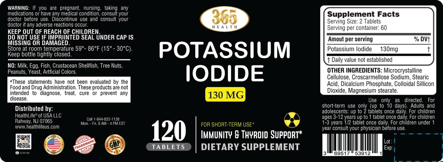 Potassium Iodide130 mg - KI Tablets- Potassium130 mg - USA Made Potassium Iodine Pills YODO Naciente, Yoduro de potasio - 120 Tablets