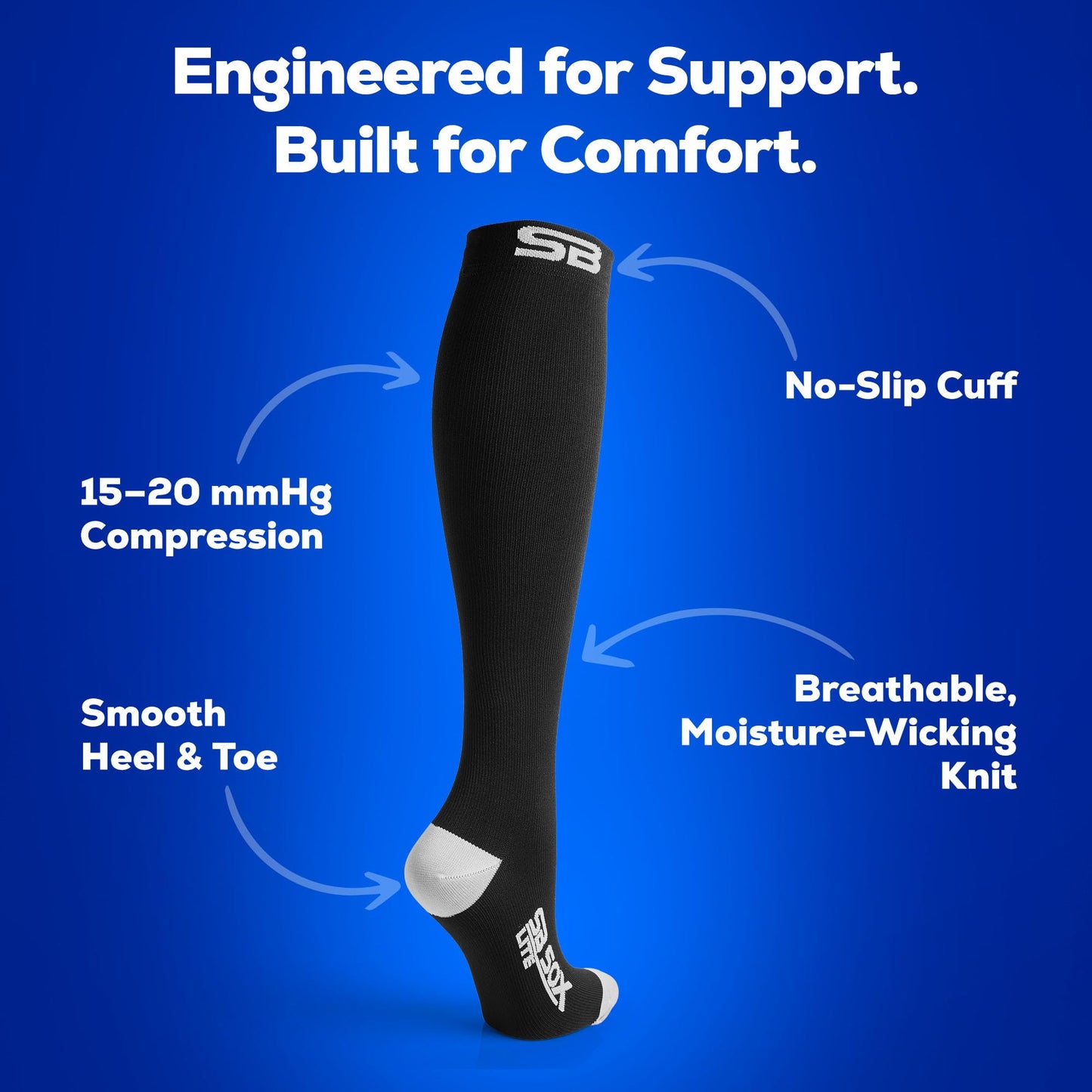 SB SOX Lite Compression Socks for Men & Women (15-20mmHg) – Best Compression Socks for Flying, Medical, Sports, Wide Calf Fit, and Daily Wear (Black/Gray, XXL)