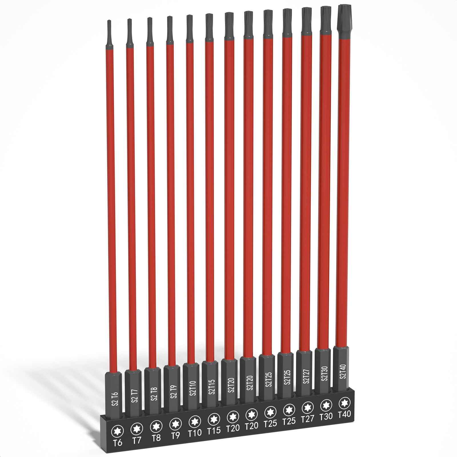 XOOL 13-Piece Long Torx Bit Set, 6-Inch (150mm), T6-T40, Magnetic S2 Steel, 1/4" Hex Shank, CNC Precision Tips for Impact Drivers, Drills, and Screwdrivers