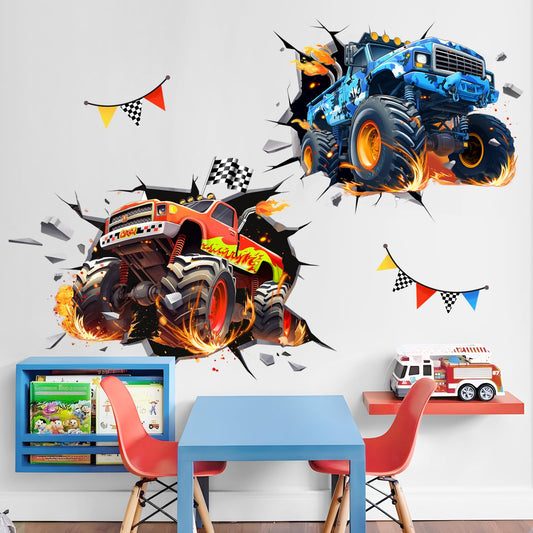 3D Crazy Racing Wall Decals, Truck Vehicles Wall Stickers Ball Games Peel and Stick Decal Self Adhesive Sticker for Boys Kids Room Home Decor