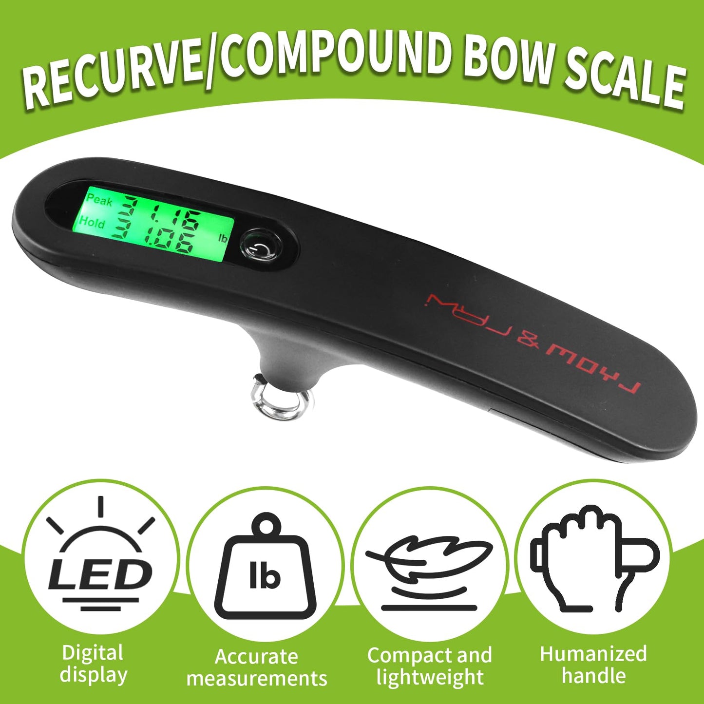 MOYJ Archery Bow Scale Recurve/Compound Bow Draw Weight 50LBS Peak/Hold kg/lb Conversions Digital LED Display