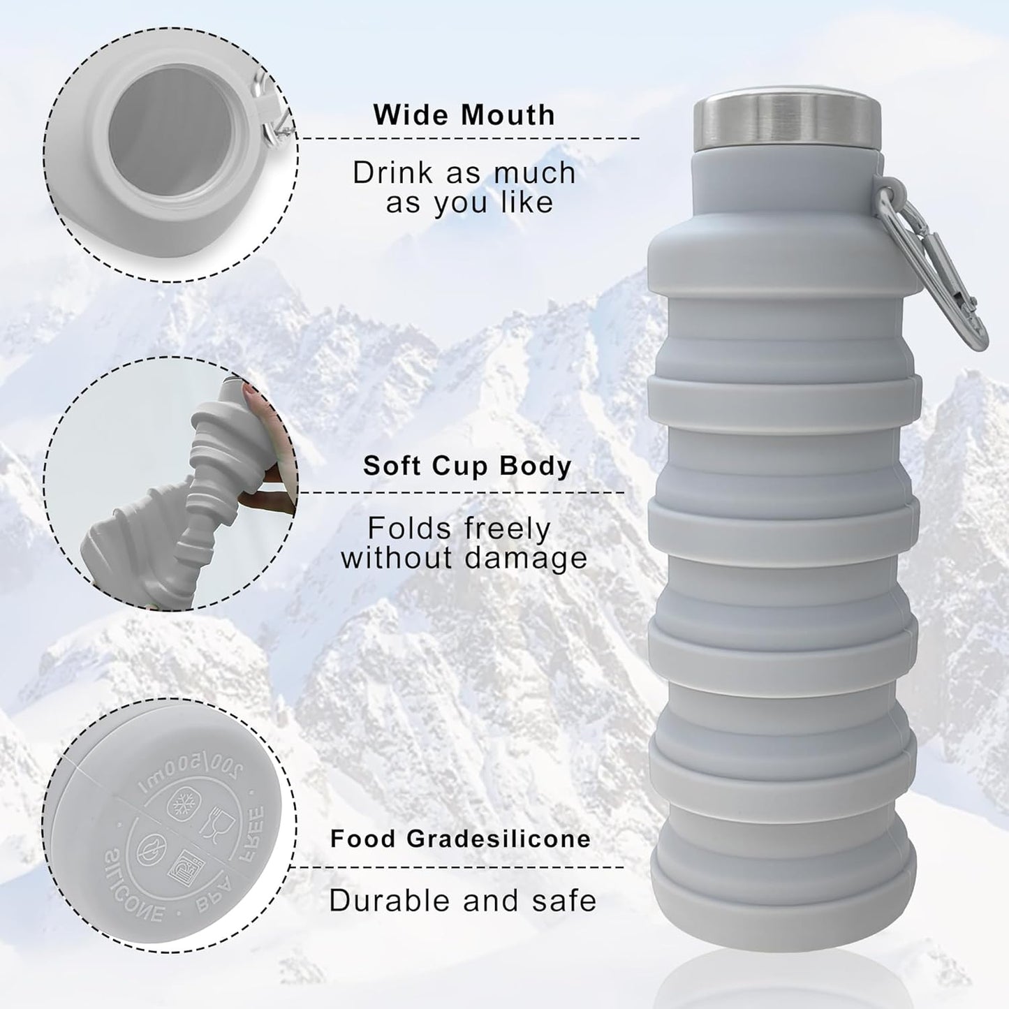 YCT Collapsible Water Bottle - 17oz Portable Silicone Bottle for Travel & Outdoor Activities | Purple & Black