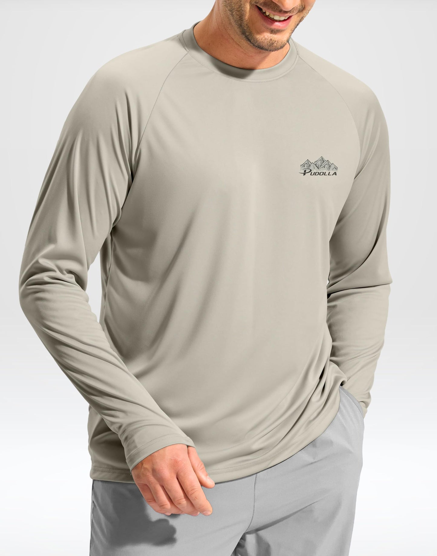Pudolla Men's Sun Protection Long Sleeve Shirts UPF 50+ Fishing Swim Shirts Lightweight Quick Dry Rash Guard Hiking Shirts(Grey/Mountain Large)