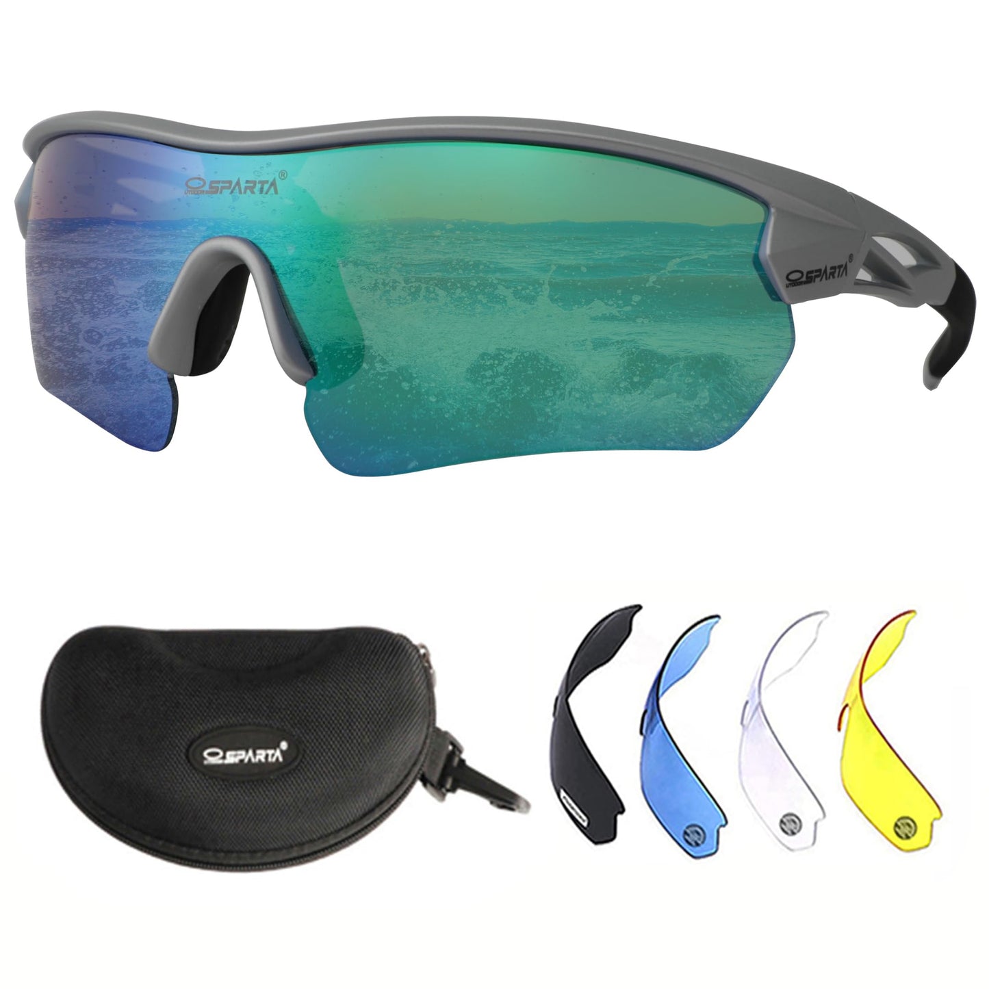 OUTDOORSPARTA Polarized Sports Sunglasses Cycling Glasses With 5 Interchangeable Lenses Driving Shades For Men & Women (6. Silver Black Frame, Full Lens Mirorred Green)
