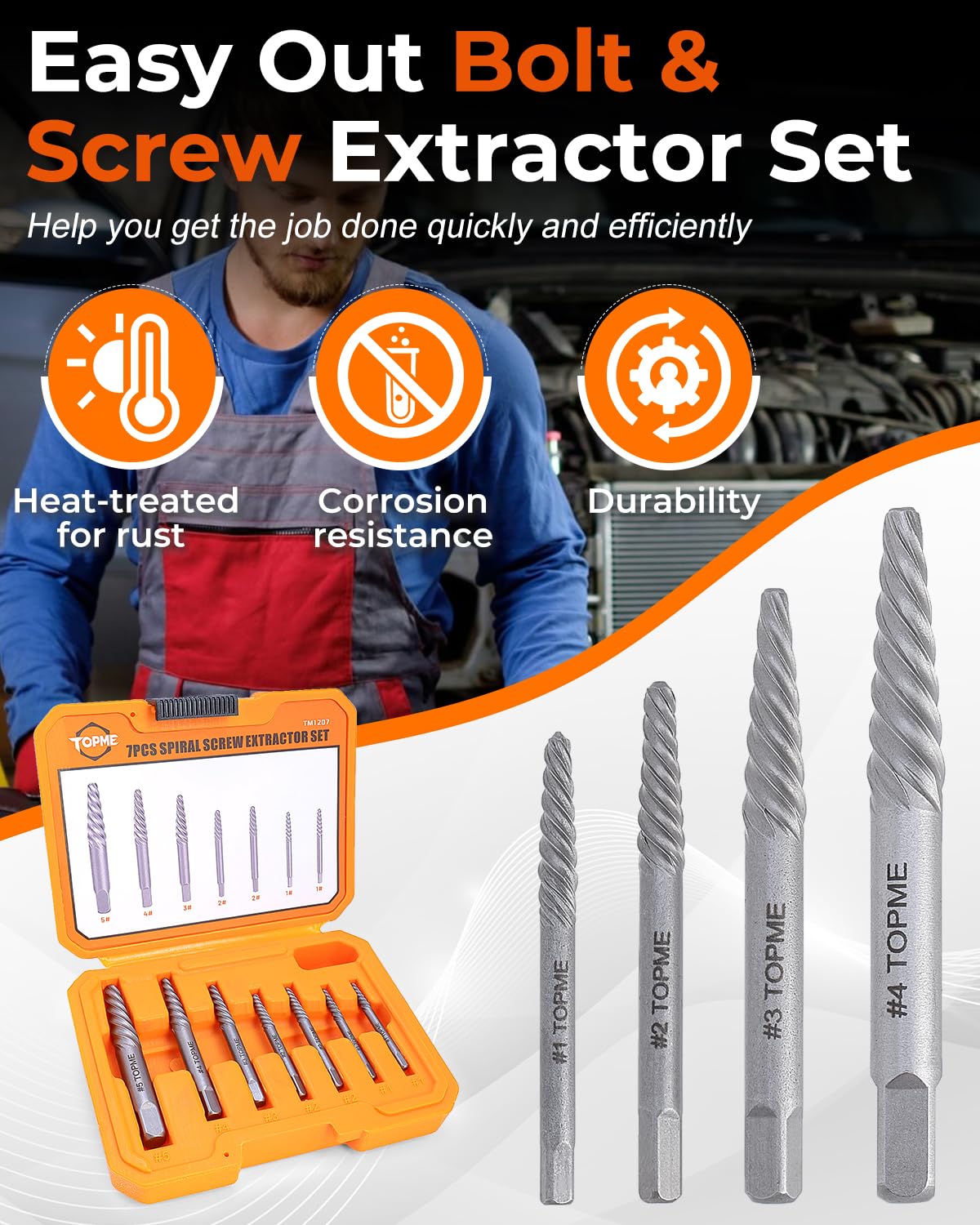 TOPME Screw Extractor Set, 7PCS Easy Out Screw Extractor Set, Stripped Screw Extractor for Removing Damaged Screws, Broken Bolts, Studs