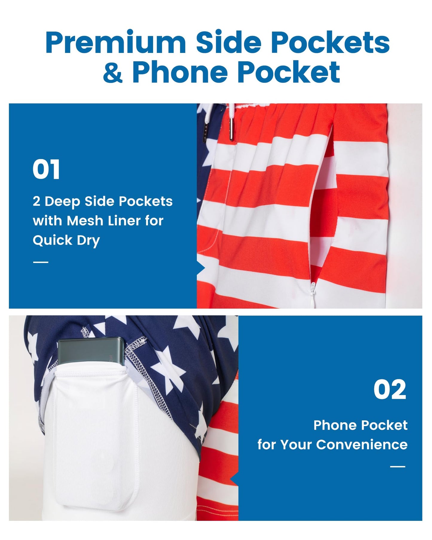 maamgic Mens Swim Trunks with Compression Liner 5 Inch, Quick Dry Bathing Suit with Zipper Pockets, Stretch No-Chafing Swim Shorts, Half-Half American Flag Small