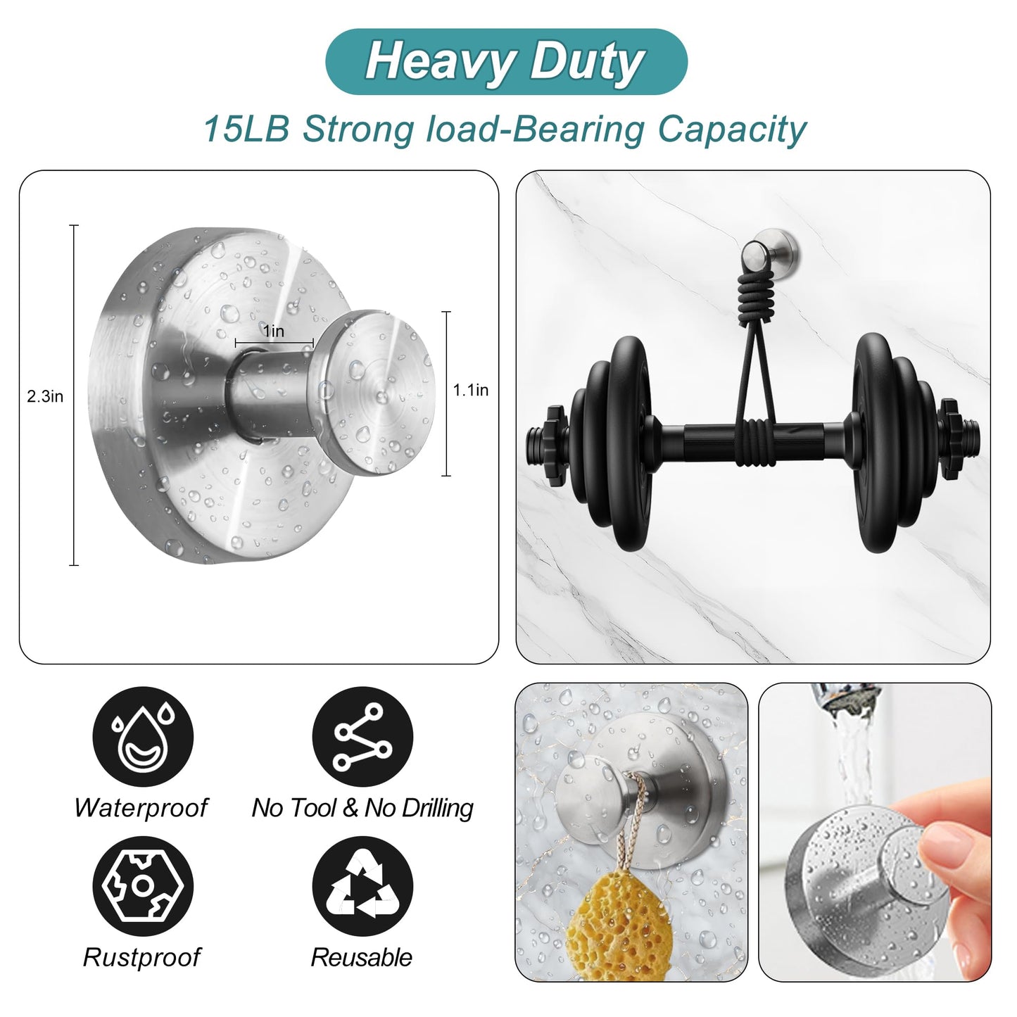 Suction Cup Hooks for Bathroom and Shower - Brushed Nickel Adhesive Hooks for Towel, Loofah - Removable Hook for Kitchen, Glass, Mirror, Door, Tile - Ideal for Coat, Wreath, Hanging Needs (Pack of 2)