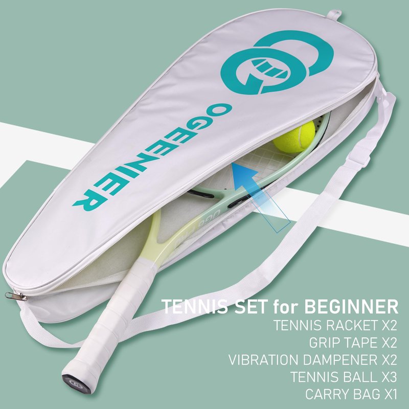 OGEENIER 27" Tennis Racket Set for Adults, Pre-Strung Tennis Racquets for Beginners, 2-Player Recreational Tennis Set with 3 Balls, 2 Vibration Dampers, 2 Grips, 1 Carrying Bag