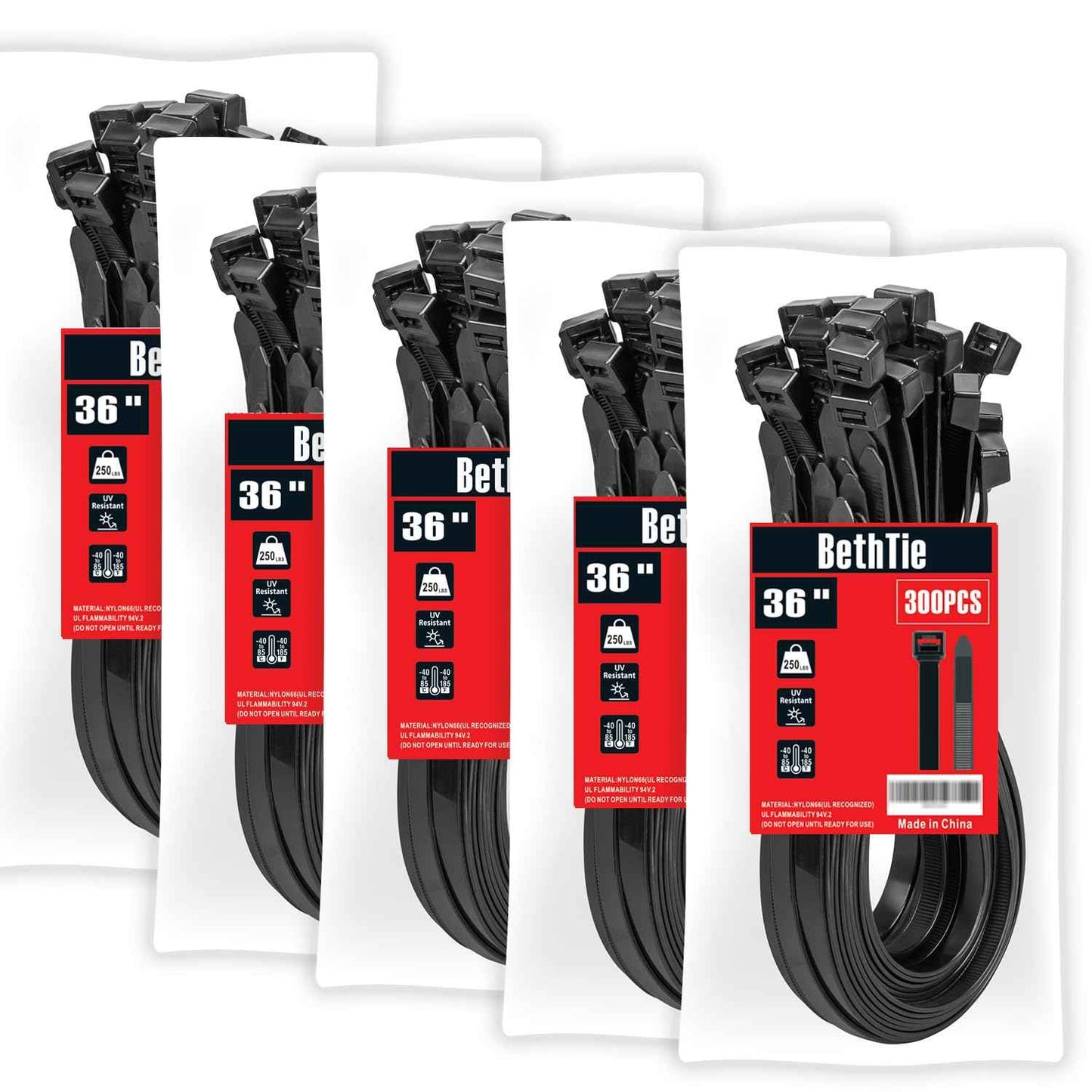 BethTie Black 36inch Zip Ties Heavy Duty 300 PCS, 250 LBS Ultra Strong Plastic Wire Ties, Large Cable Ties Extra Long Tie Wraps, Indoor and Outdoor UV Resistant