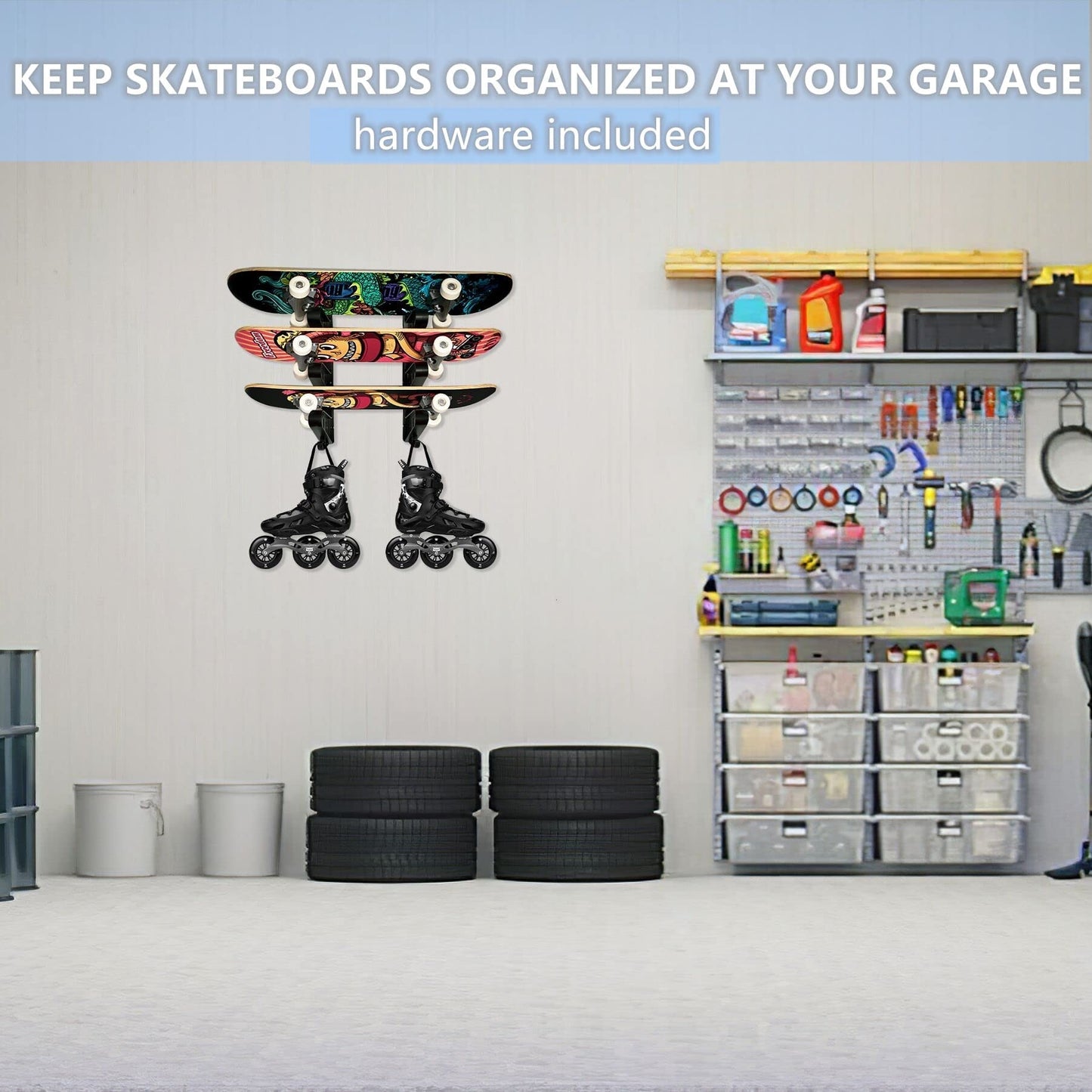 Hikeen Skateboard Rack Wall Mount Skateboard Storage Rack Skateboard Holder, Load Bearing Skateboard Rack, Vertical Space Saving Design