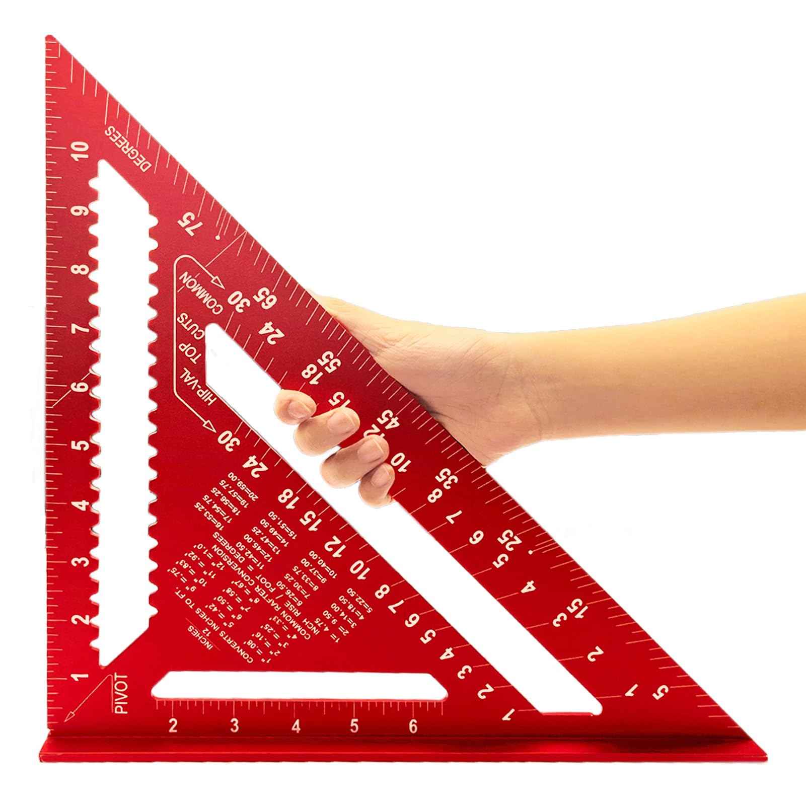 Carpenter Square 12 Inch, Aluminum Rafter Square Carpenter for Woodworking, Sturdy Angle Drawing Measuring Ruler, Layout Tool Alloy Triangle Ruler Protractor for Carpentry, Red