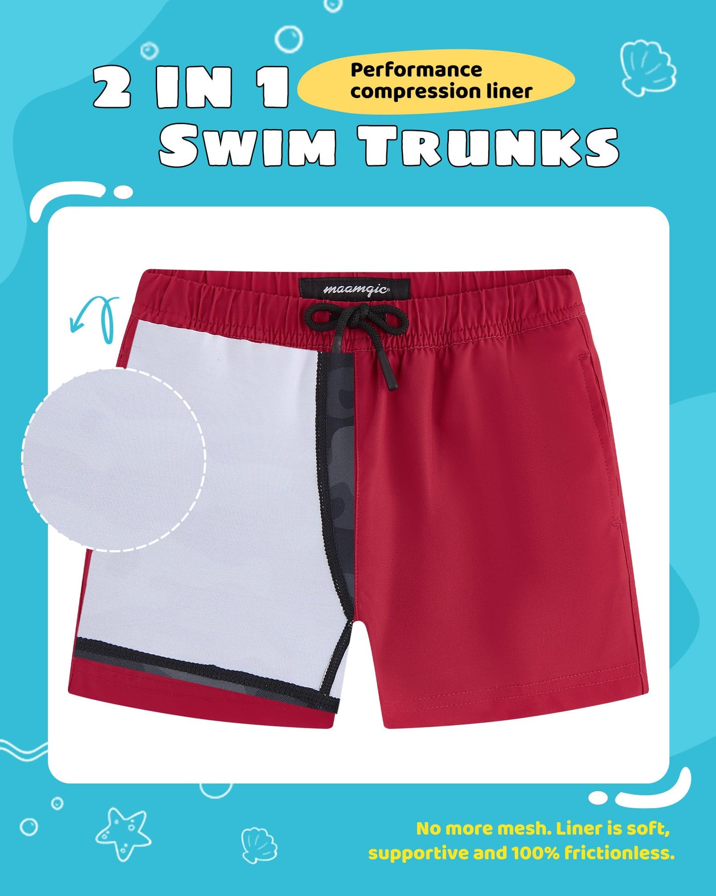 maamgic Boys Swim Trunks with Compression Liner Toddler Stretch Swim Shorts Quick Dry Swimming Trunks Boxer Brief 2 in 1 Beach Shorts Red 4T