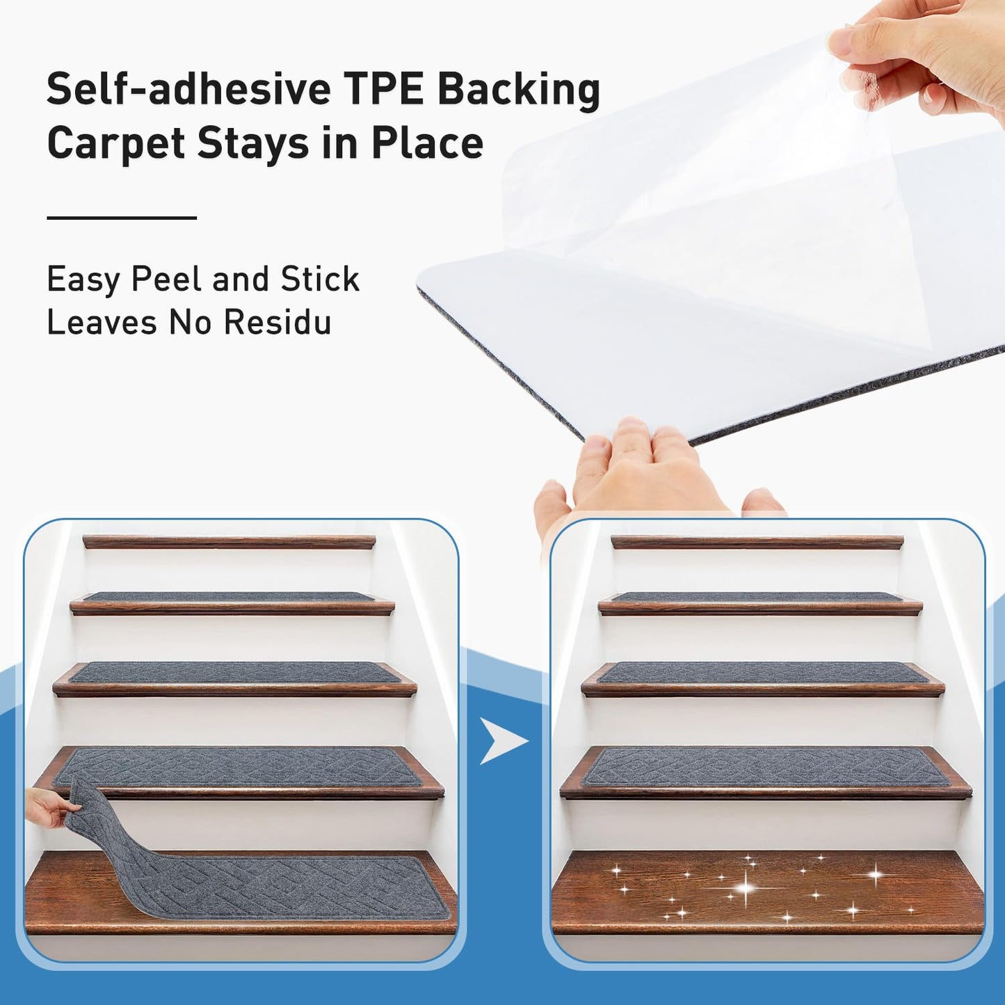 Non-Slip Stair Treads for Wood Steps - 15 Pack 8" x 30" Carpet Treads with Reusable Adhesive for Kids, Elders & Pets
