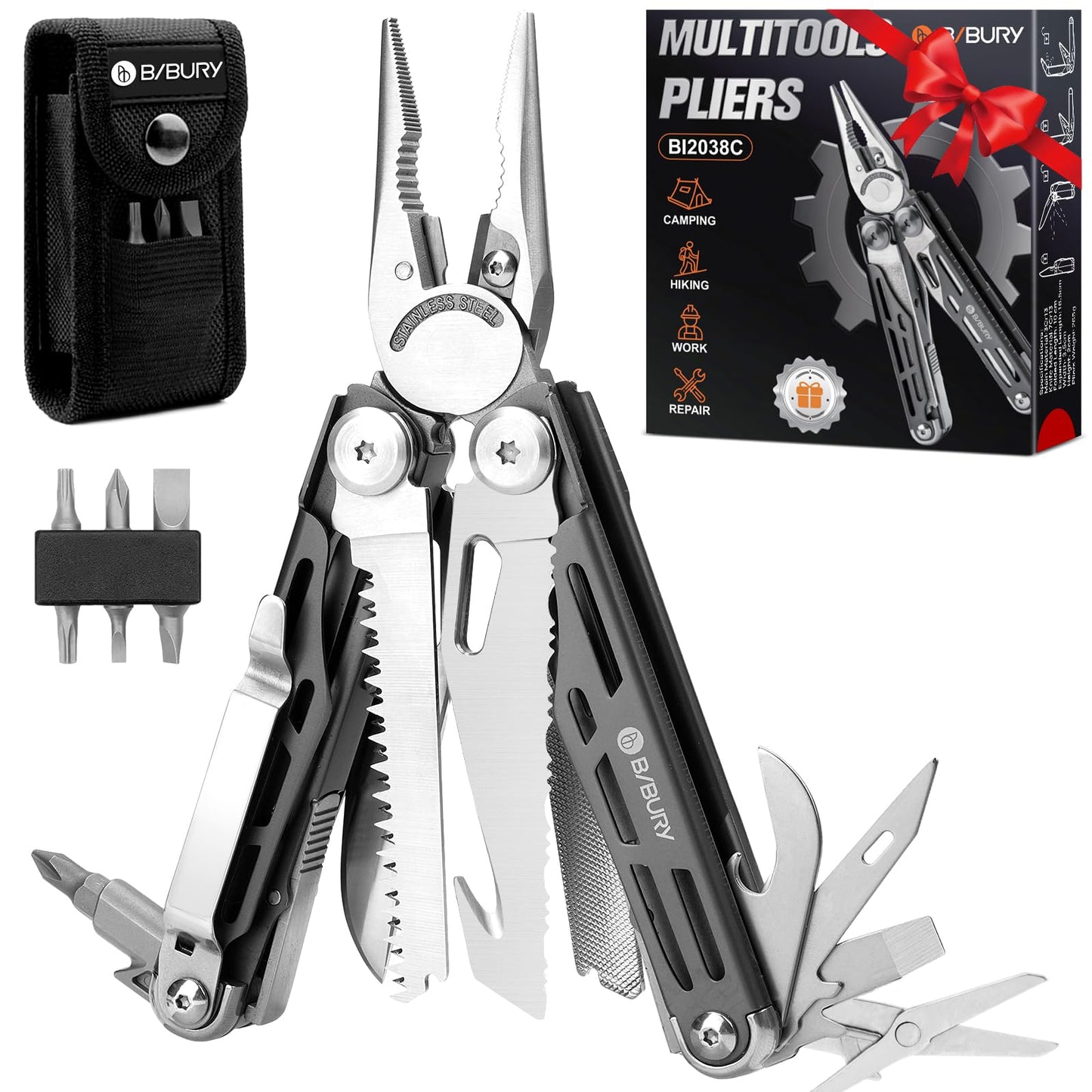 BIBURY Multitools BI2038C, 22-in-1 Stainless Steel Pocket Knife with Scissors, Foldable Self-locking EDC Multi tools Pliers with Sheath for Outdoor Hunting Survival Camping Simple Repair