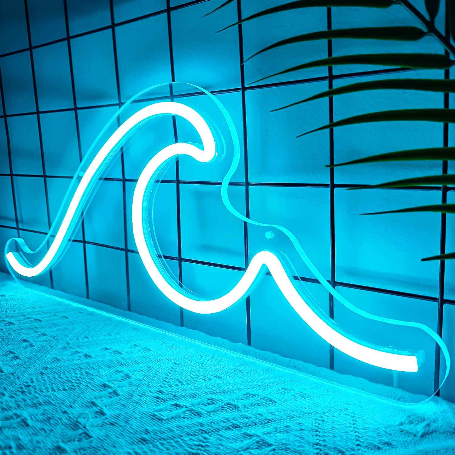 Ajoyferris Wave Neon Sign For Wall Decor Dimmable Led Neon Wave Sign Night Lights Led Wave Sign Ocean Neon Sign for Living Room Bedroom Office Bar Party Christmas Gift(16.5x7inch, Ice Blue)