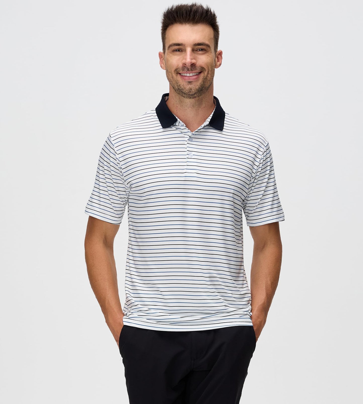 Esabel.C Golf Shirts for Men Striped Dry Fit Performance Active Polo Shirts Short Sleeve Moisture Wicking,11079White/Balck,XL