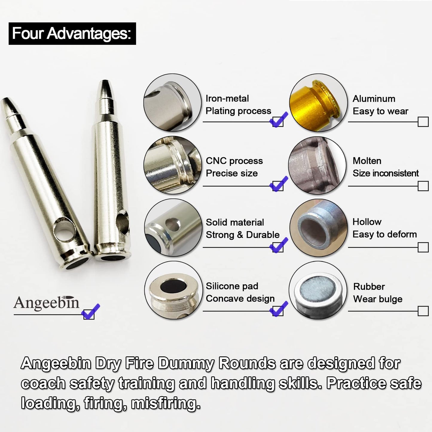 Angeebin Training Snap Caps for Dry Fire Training Dummy Rounds Practice Safe Loading Firing (223REM-10pcs)