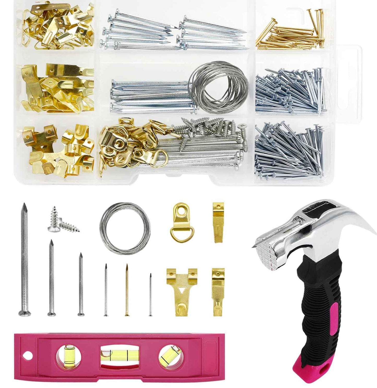 308Pcs Picture Hanging Kit, Hanging Hardware with Hooks, D Ring, Nails, Wire Wall Hanging Kits with Magnetic Level, Small Pink Claw Hammer for Hanging Pictures Frame Painting Home Office Wall Decor