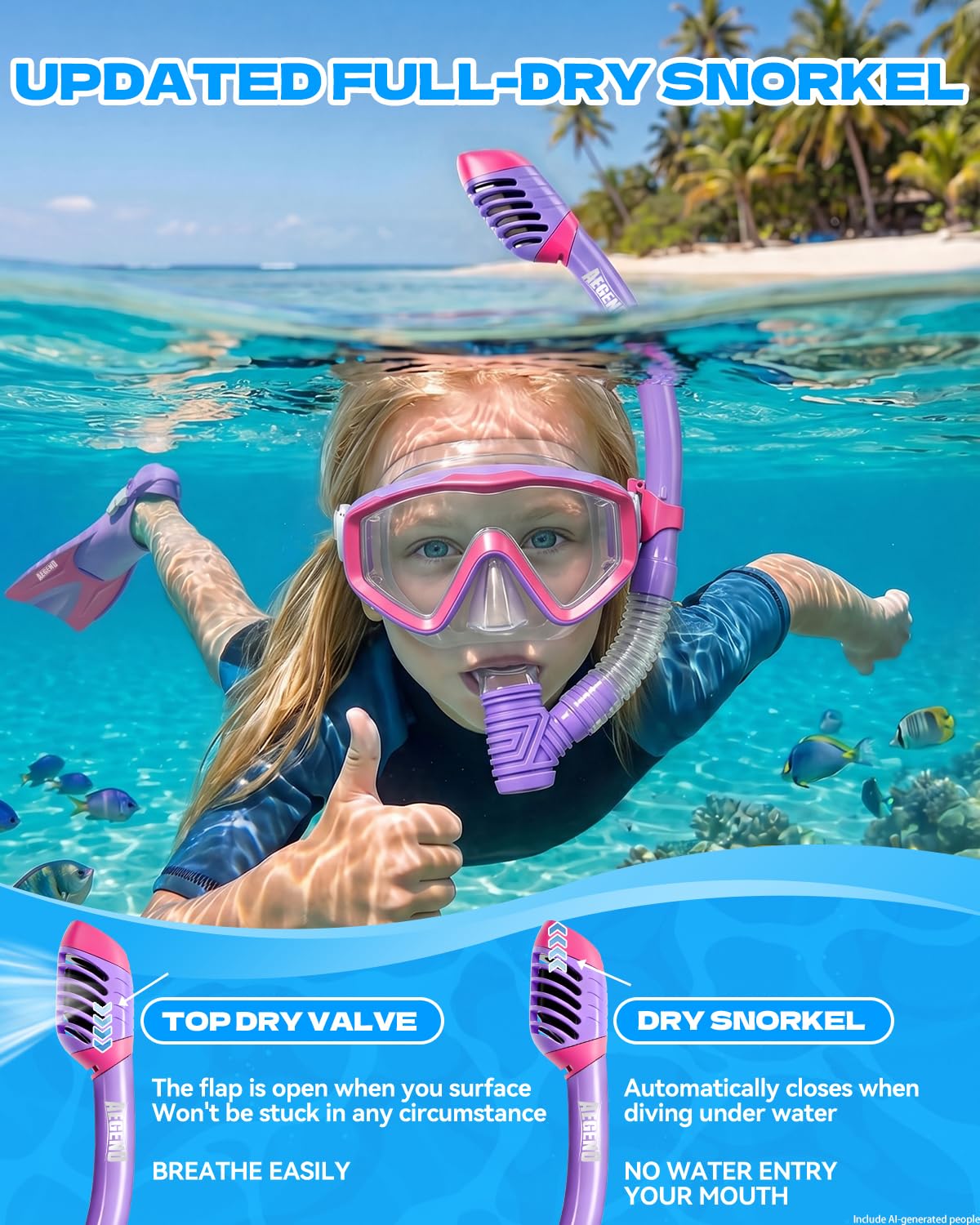 Aegend Snorkeling Gear Set for Kids - Anti-Fog Diving Mask, Adjustable Fins & Dry Snorkel, Full Snorkel Kit for Youth Swimming & Diving (Ages 5-15) (Purple, XS)