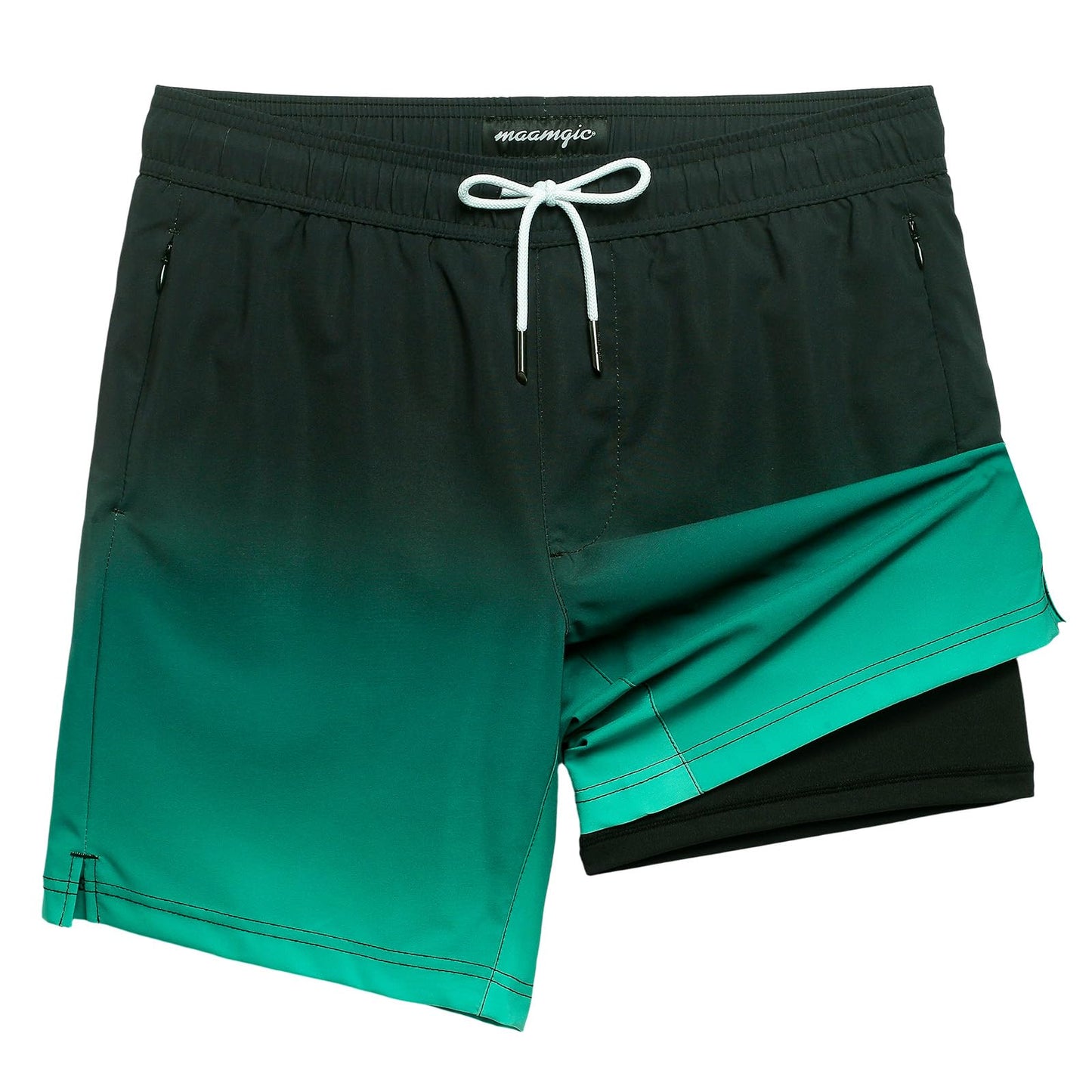 maamgic 2 in 1 Mens Swim Trunks 7 Inch Swim Shorts Swim Suits Board Shorts Gradual Green Black XS