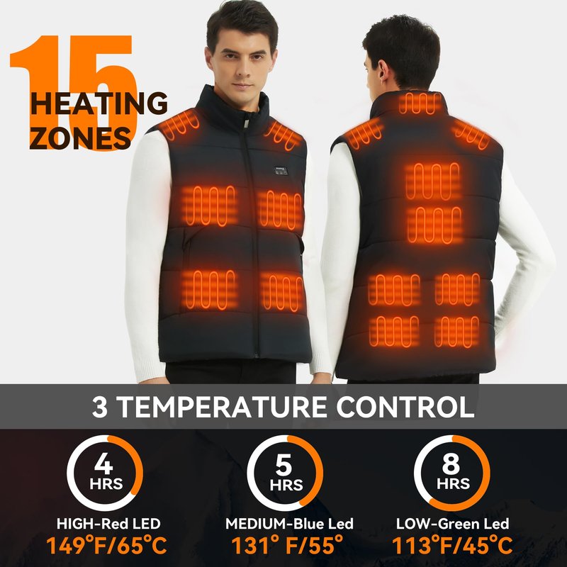 Ravsau Heated Vest for Men Women with Battery Pack 15 Heating Zones Rechargeable Lightweight Electric Heating Vests Warm Winter for Hiking,Hunting,Fishing(Black,M)