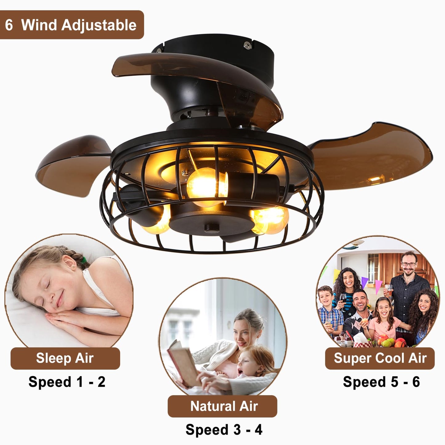 BEALWISE 21.6'' Retractable Ceiling Fans with Lights Caged Farmhouse Ceiling Fan Lights with Remote Control and APP, Rustic Industrial Ceiling lamp Black Fixture for Living Room Bedroom Kitchen, A