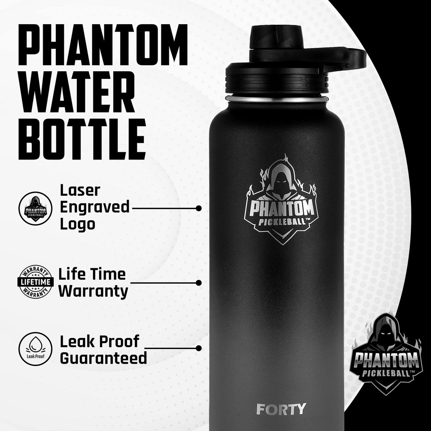 Phantom Pickleball Stainless Steel Water Bottle – Double Wall Insulation 40 Oz Water Bottles – Leakproof Water Jug with Spout with Twist Cap – Ideal Sports Bottle for Training, Hydration