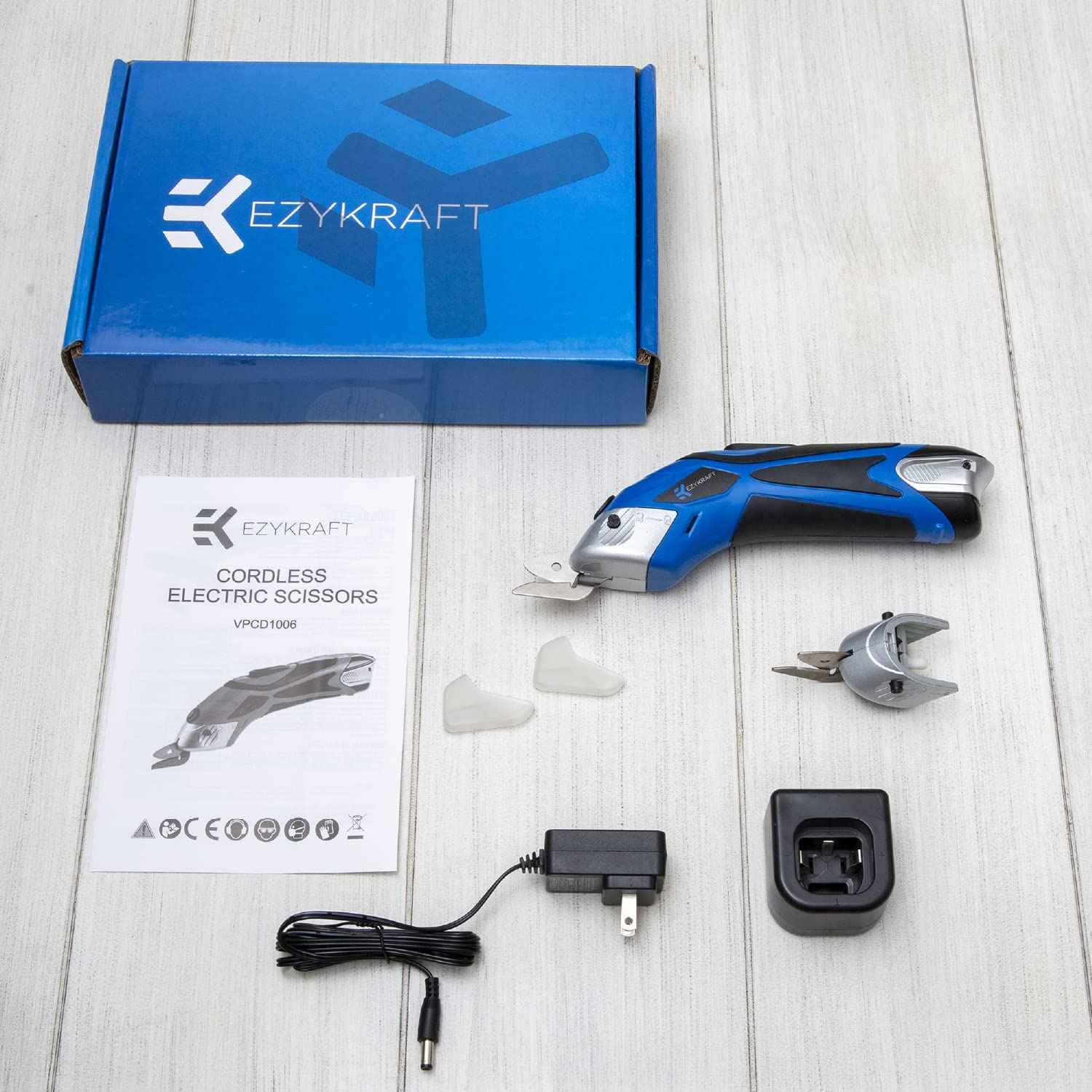 Cordless Electric Scissors for Cutting Fabric - Multifunctional Craft & Cardboard Scissors With Stainless Steel Blades & Replacement- 3.6V Lithium Ion Battery - Includes Charging Cable - Blue/Black