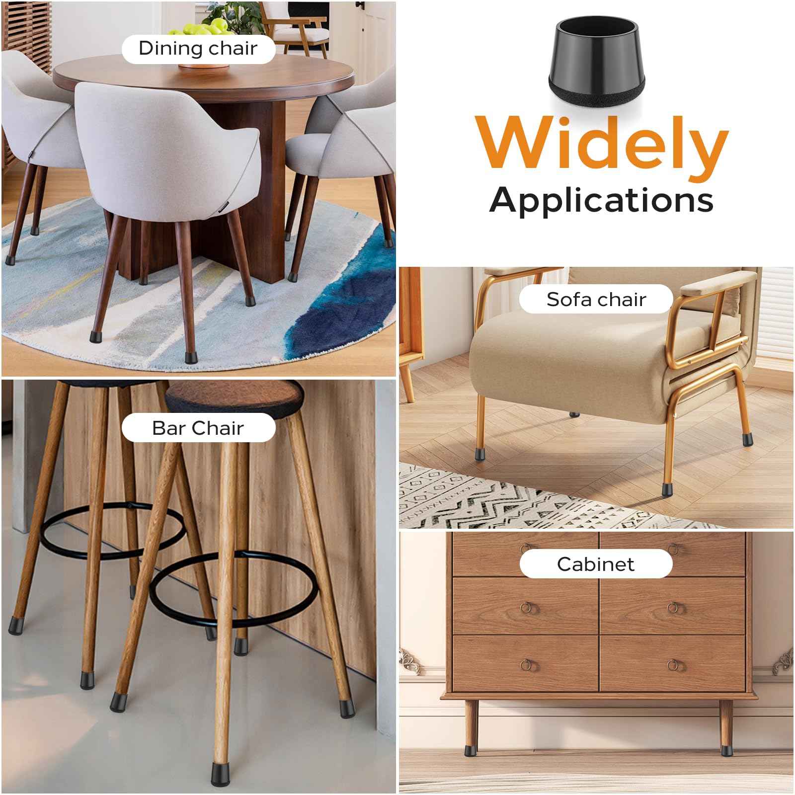 yomanta 24 PCS Silicone & Felt Chair Leg Floor Protectors for Hardwood Floors - Furniture Pads, Chair Leg Covers/Cups - No Noise & Scratch-Proof - Round XS (Fits 9/16" - 13/16" / 15-20mm), Black