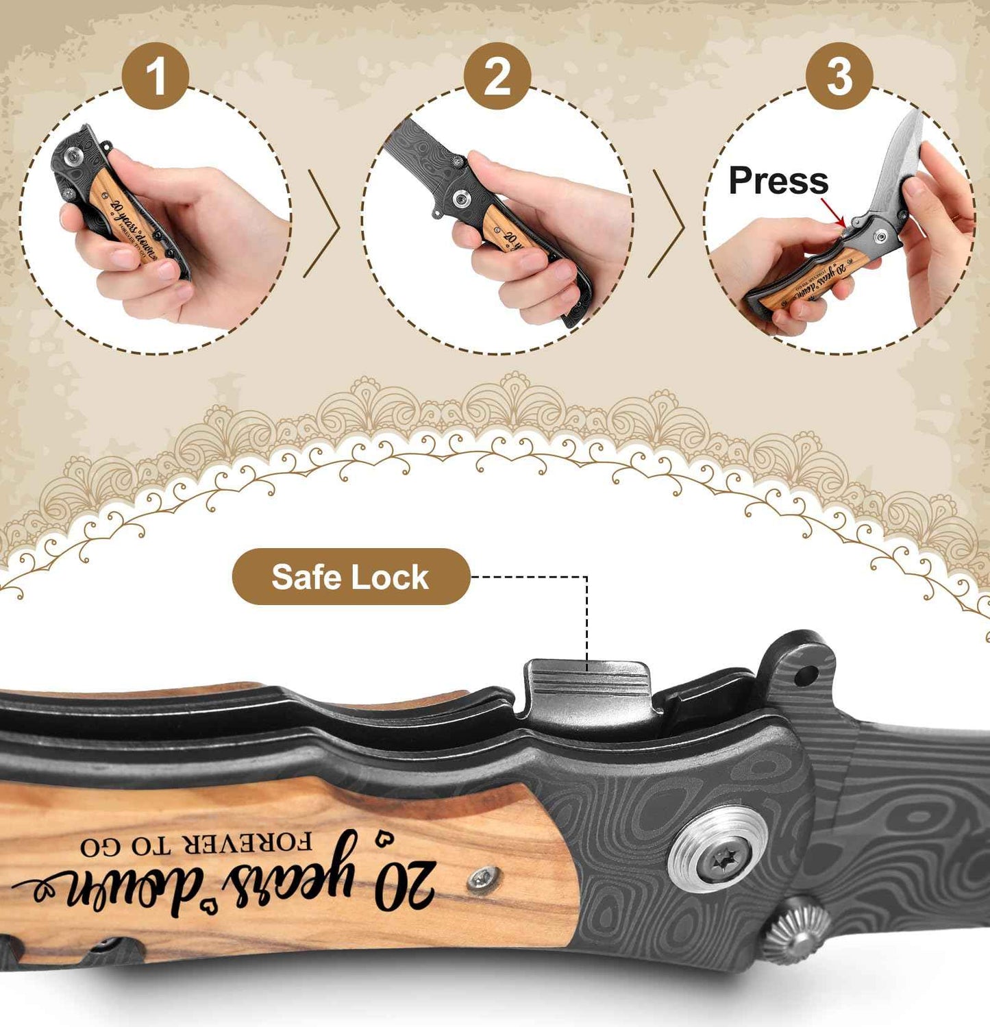 Lanties 20 Year Anniversary Keepsake Gifts for Him Engraved Pocket Knife with Gift Box Happy Tin Anniversary Customized Wedding Birthday Father's Day Gifts for Men Husband