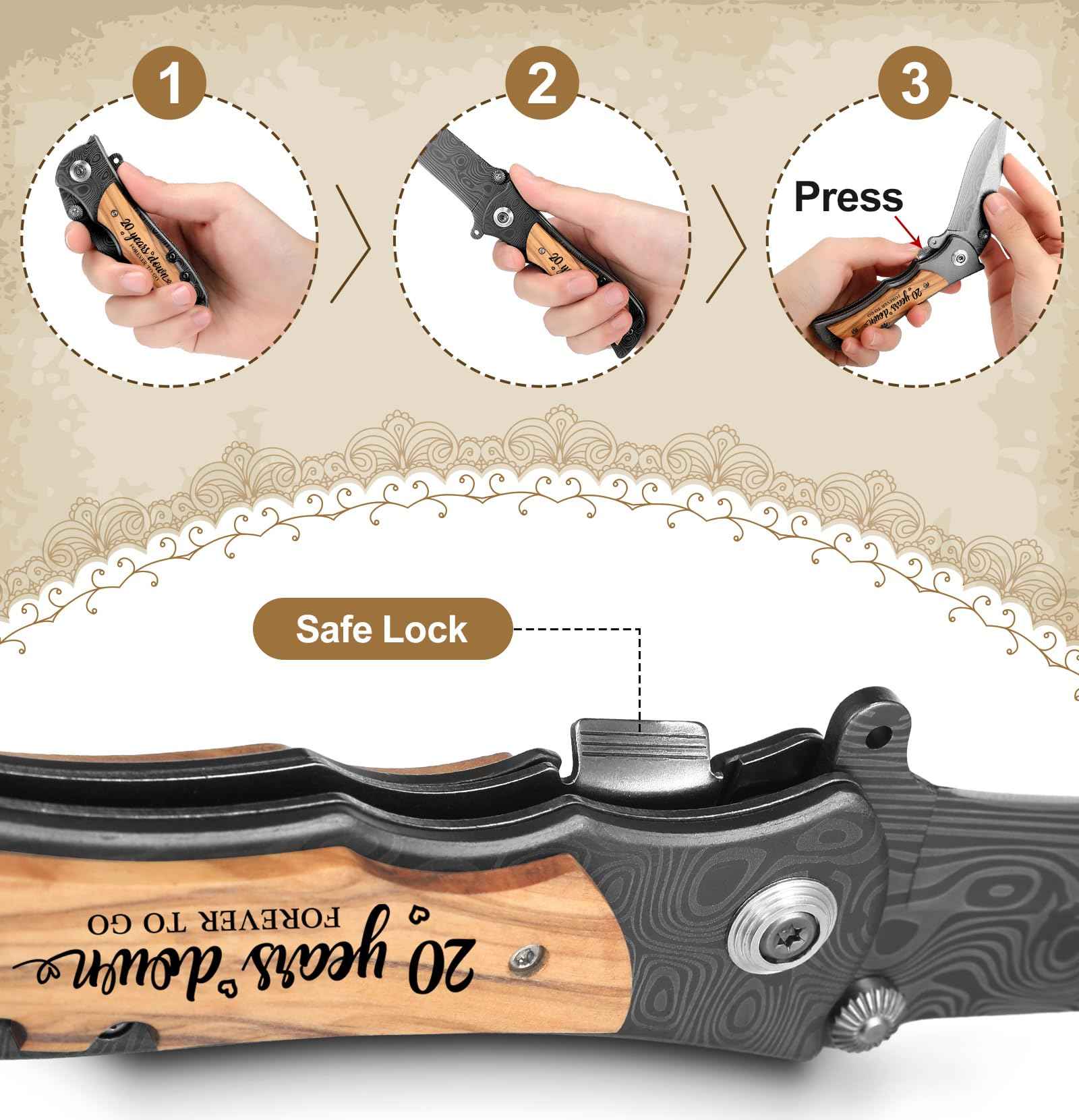 Lanties 20 Year Anniversary Keepsake Gifts for Him Engraved Pocket Knife with Gift Box Happy Tin Anniversary Customized Wedding Birthday Father's Day Gifts for Men Husband