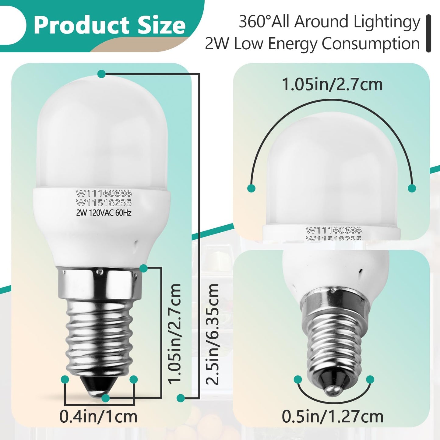 Gfdoso 2Pcs W11518235 Freezer Refrigerator Light Bulb - W11160686 Lamp Light Bulb Compatible with Kenmore Whirlpool Freezer Bulb 120V 2W Replaces W10473925 W10574850 PS16555179 W10865839