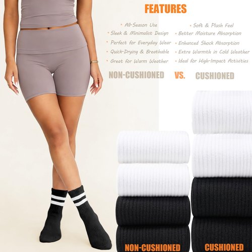 AugRing Women's Striped Cotton Crew Socks Cozy Casual Athletic Quarter Socks for Running & Gym Size 5-11 (US, Numeric, 5, 10, Regular, Regular, 4 Pairs-Light Beige/Grey/Porpoise/Black, Non-Cushioned)