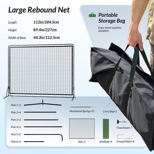 HamRoRung 9.3*7.4ft Portable Tennis Rebounder Net, Tennis Practice Wall, Tennis Training Net for Tennis Racquet Sports Ball Pickleball, Tennis Backboard Net for Tennis Court Backyard Outdoor Training,