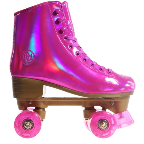JajaHoho Roller Skates for Women, Magenta Holographic High Top PU Leather Rollerskates, Double-Row Four Hot Pink Fushcia Wheels Quad Skates for Girls Age 8-50 Indoor Outdoor (Plum, Size 7)