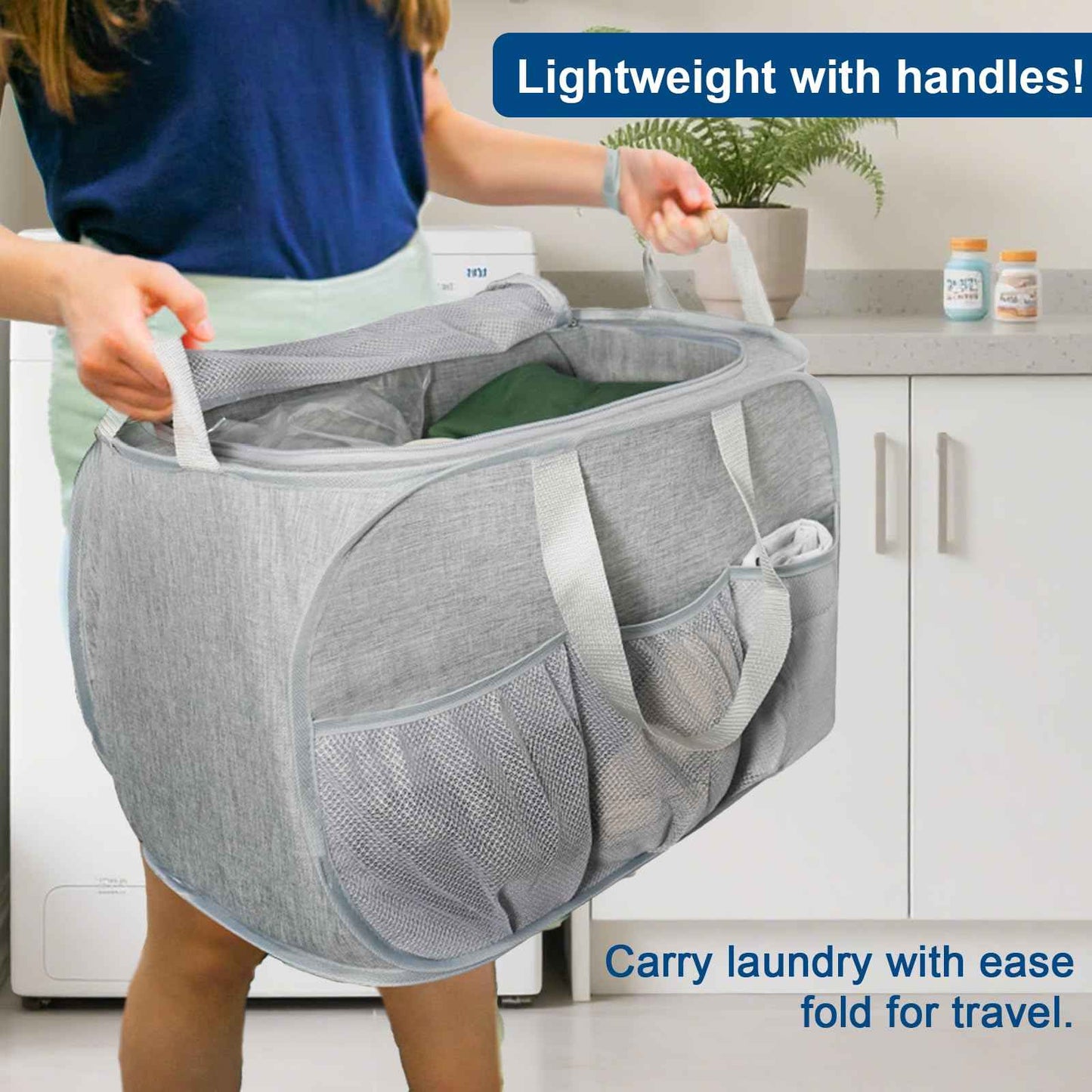 Collapsible Laundry Baskets, Tear Proof Pop Up Laundry Hamper with Lid, Dual Handles Durable Foldable Laundry Basket, Easy to Carry Laundry Hamper for Home, Laundry Room, Bedroom, Dorm, Travel Grey