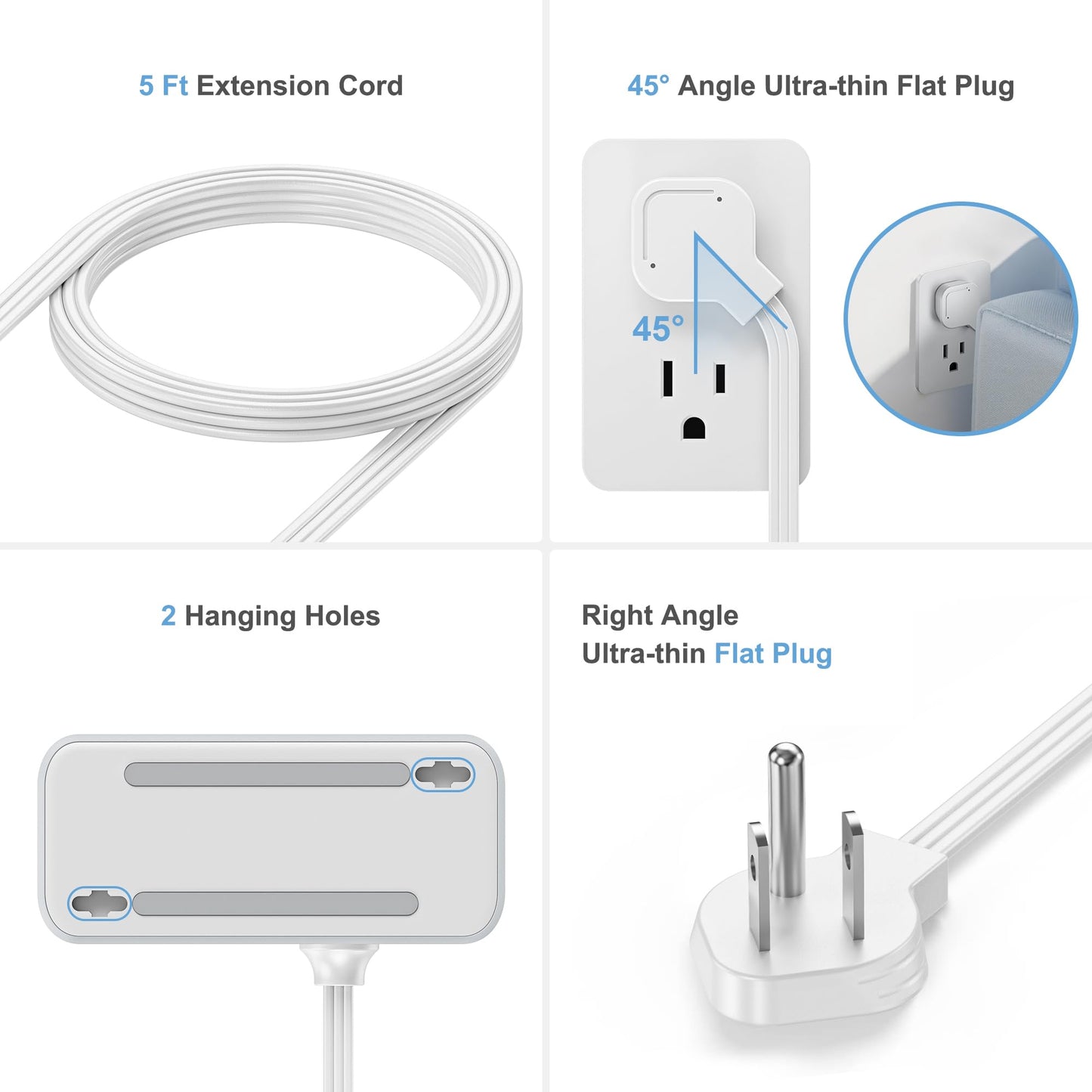 Surge Protector Power Strip, REALMADE 4 AC 4 USB Power Strip, Flat Plug Outlet Extender, 5Ft Extension Cord, Wall Mount Desk Charging for Home Office， White & Gray