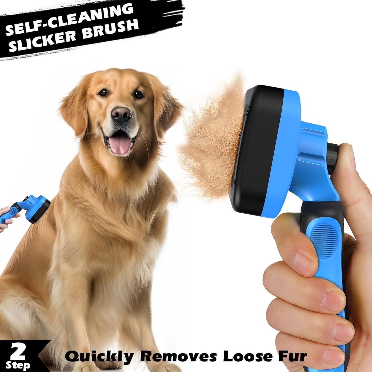 Skiennix Self-Cleaning Slicker Brush Set - Pet Grooming Rake & Flea Comb for Dogs, Cats & Horses | Blue