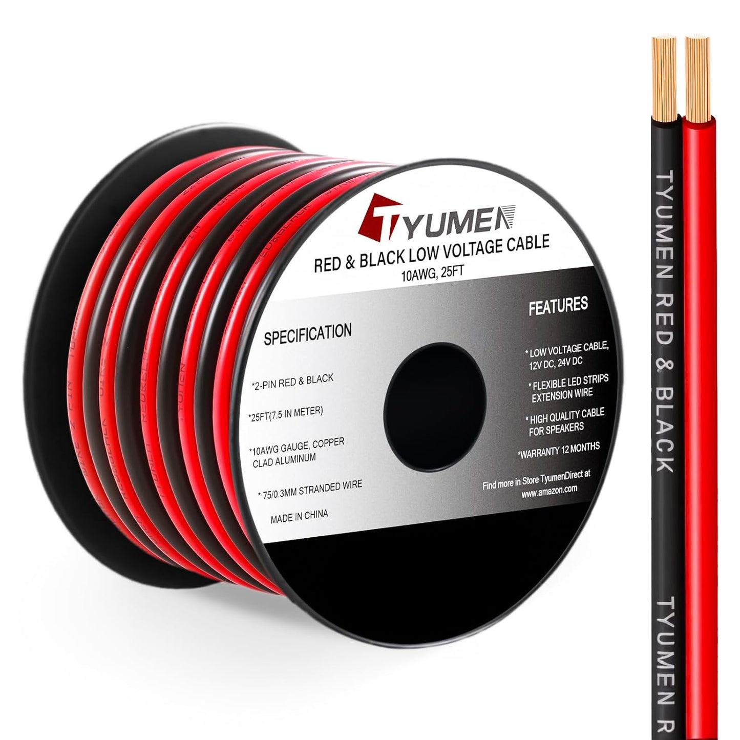 TYUMEN 10 AWG Red Black Electrical Wire - 25FT Flexible Low Voltage Cable for LED Strips & Home Use