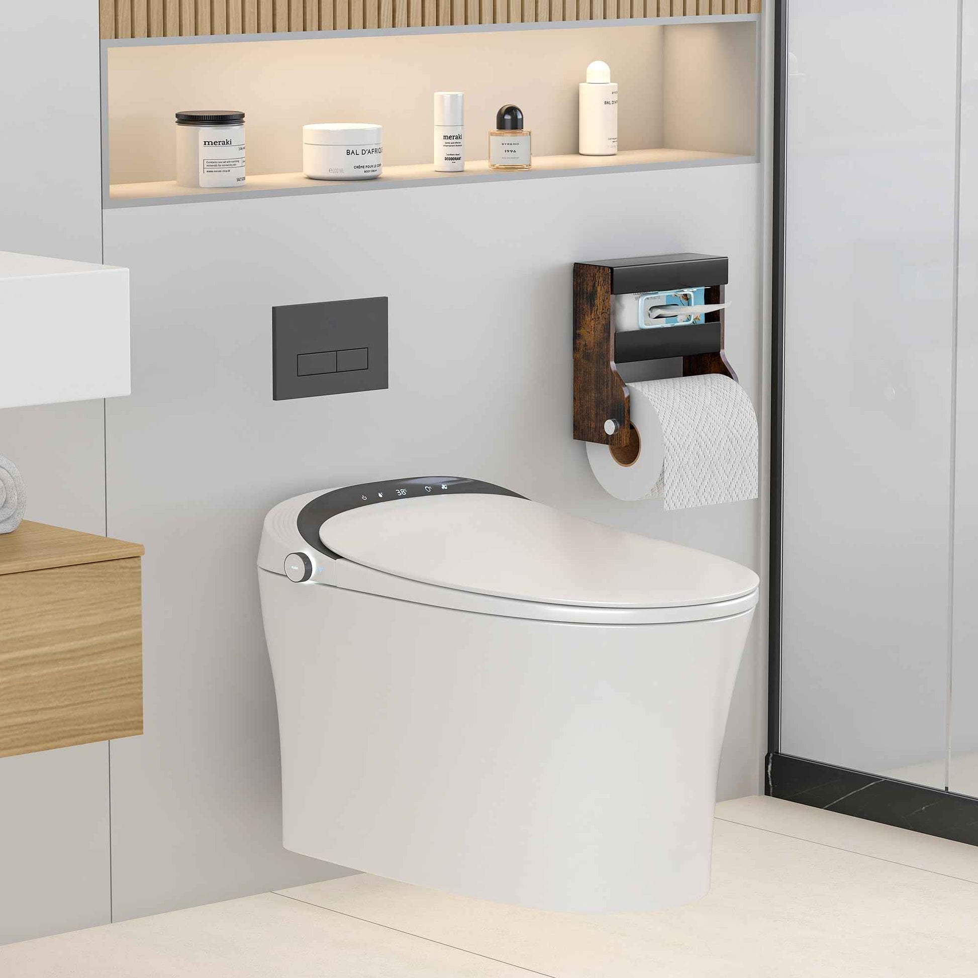 TQVAI Toilet Paper Roll Holder Wall Mounted Self Adhesive No Drill Magnetic Toilet Paper Storage with Wipes Holder for Bathroom, Restroom, Kitchen, Regular Super Double Mega Roll - Vintage/Black