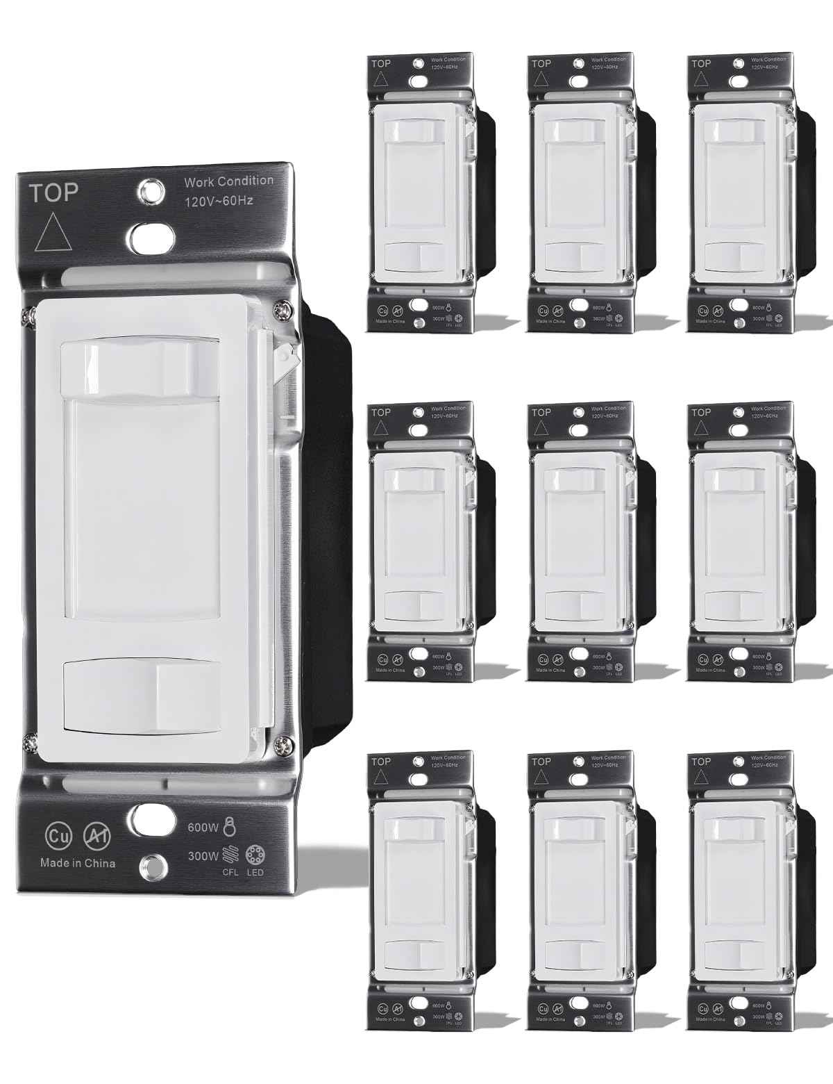 MOES Dimmer Light Switches 10pcs, 3 Way & Single Pole Dimmable Switch for LED,CFL,Incandescent,Halogen, 600Watt Max, ON/Off Switch with Dimming Slide, No Neutral Wire Required